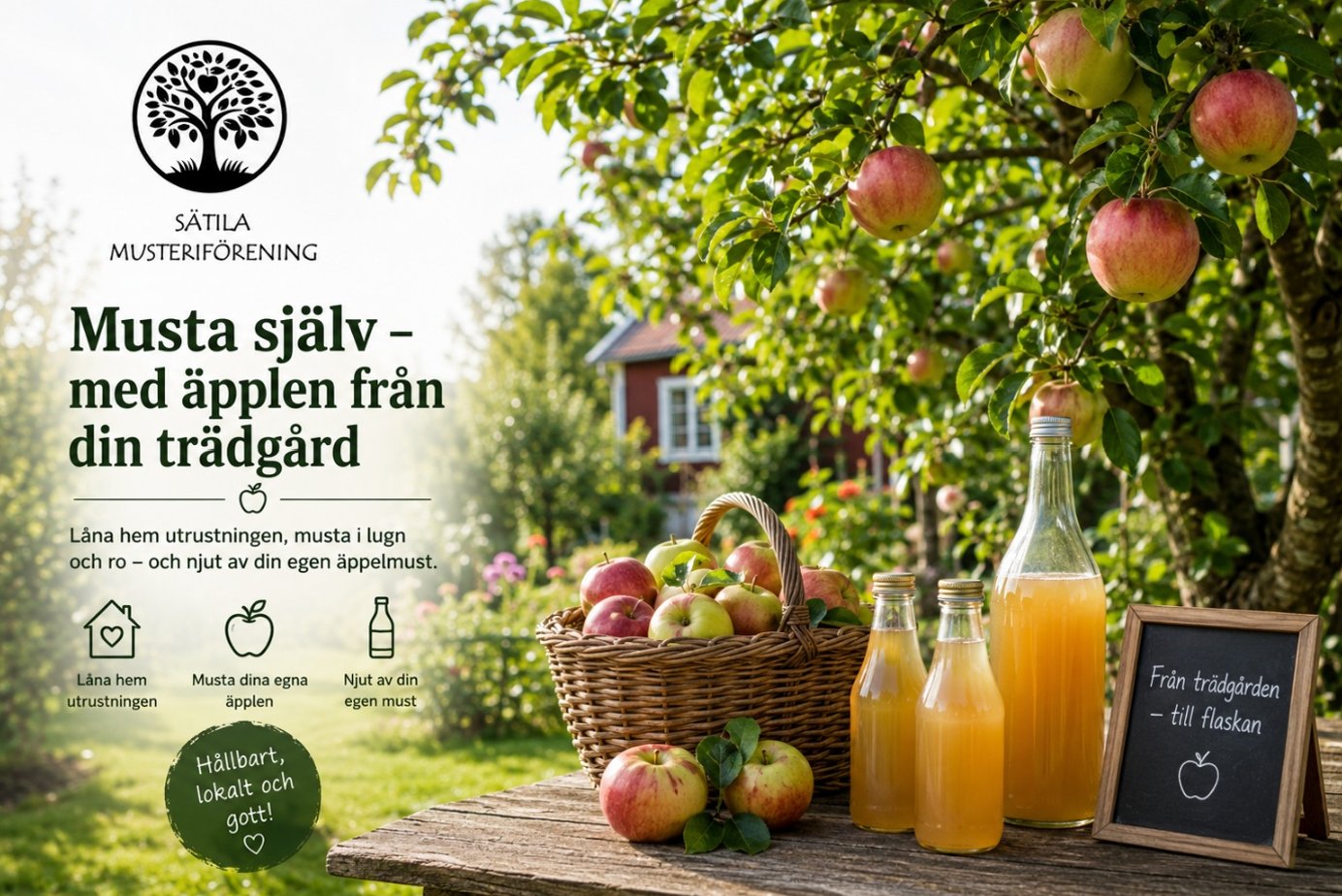 Musta själv – med äpplen från din trädgård. Korg med äpplen och flaskor med nypressad äppelmust.